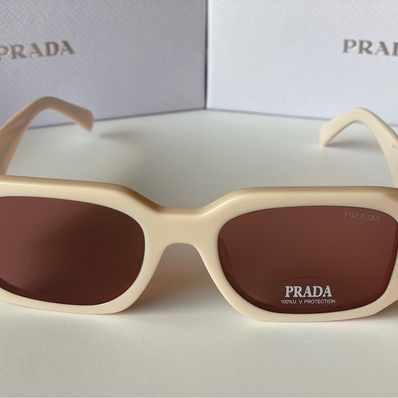 NEW Prada PR17WS VYJ6X1 Powder Beige Brown Rectangle Unisex Sunglasses - Picture 4 of 10